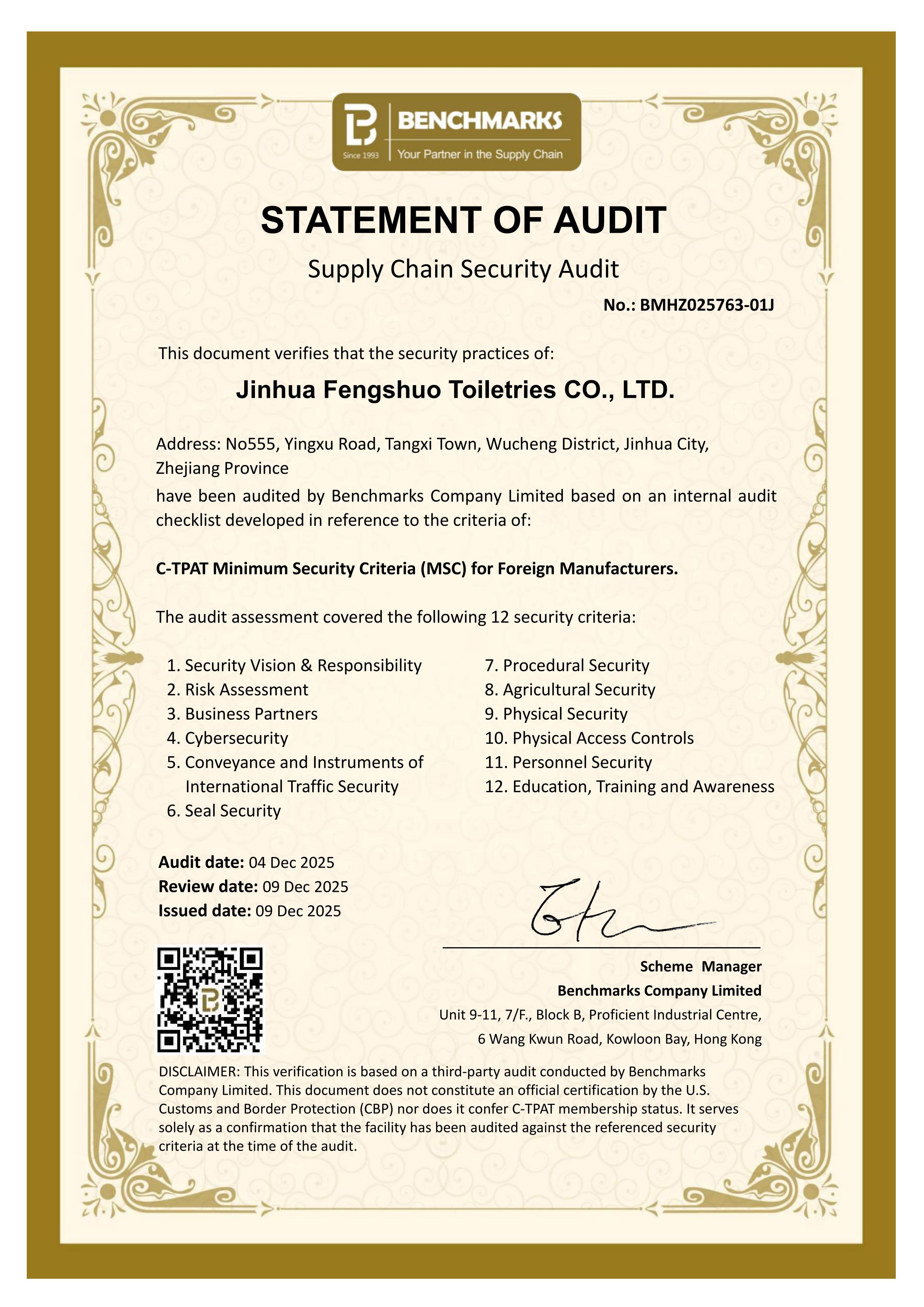 STATEMENT OF COMPLIANCE_C-TPAT_BMHZ025763-01J-01J-Jinhua Fengshuo Toiletries CO.,.LTD.-20251209_01