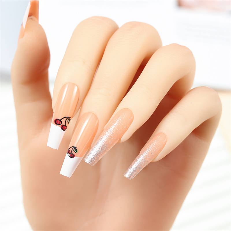 French Long Fake Nails With Cherry Pattern6